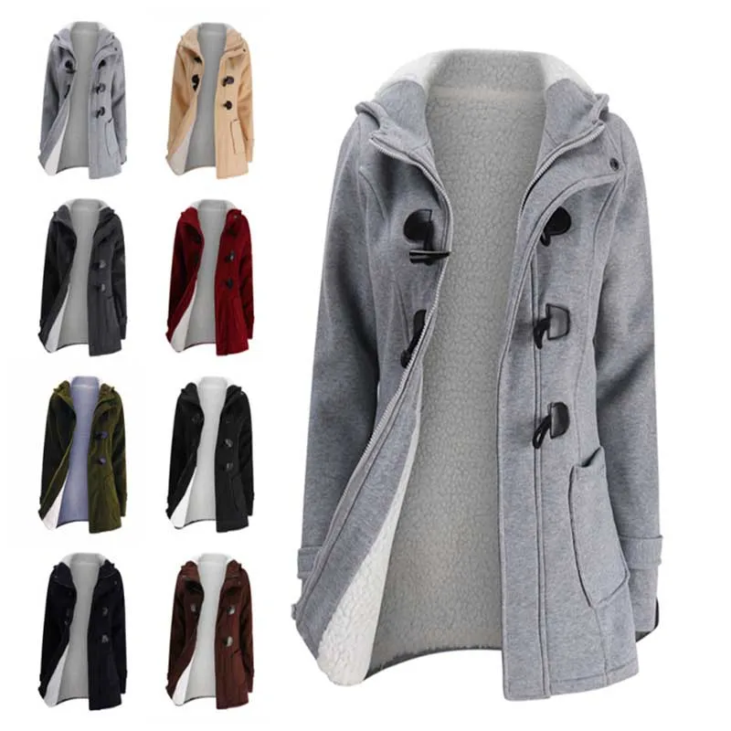 

New Women's Cotton Jaet Coat Hooded Slim Fit Autumn Winter Faionable Horn Button Leather Collar Mid-Length Street Sle