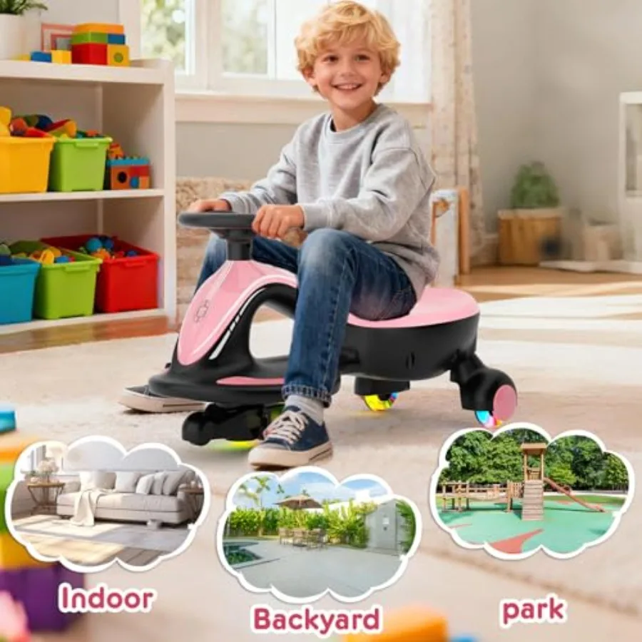Toddler ride-on toy for indoor/outdoor use, ABS plastic body, pink color, 12V rechargeable battery with anti-rollover design an
