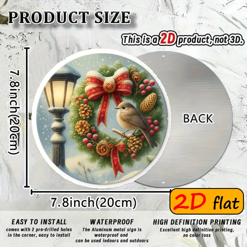 Christmas Winter Scene Aluminum Round Sign 20x20cm Snow Pine Wreath Bird Wall Decor  Gift For Home Dining Room Study view 3