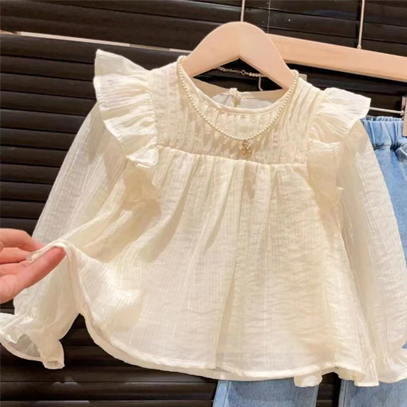 

Korean Style Autumn Fashion Woman Blouse Shirt Cotton Solid Color Long Sleeve Top Casual Clothes For Children From 3 To 8 Years