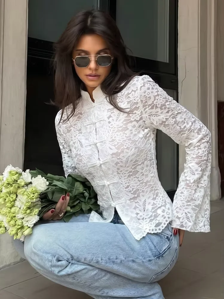 Chinese Style Shirt Lace Splicing Transparent Blouse Traditional Frog Button Flare Long Sleeve 2026 Elegant Street Casual Party