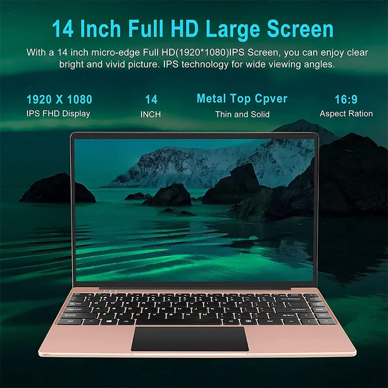 Wozifan 14 "Laptop Windows Intel 128Gb Ssd Ondersteuning Uitbreiding 1Tb 6Gb Lichtgewicht 5000Mah Laptop 1080 Fhd 2.4G + 5G Wifi Hdmi Goud