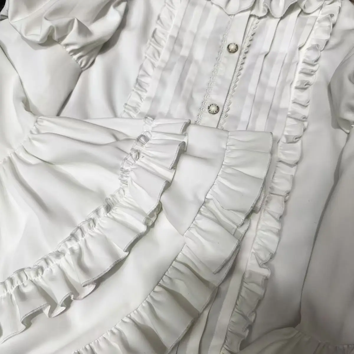 بلوزة لوليتا يابانية لعام 2025 باللون الأبيض - قميص لطيف بأكمام منتفخة مع أصفاد من الدانتيل لفستان JSK بلوزة تحتية بتصميم عتيق جميل #5