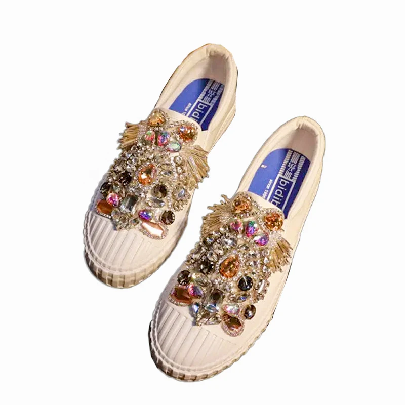 Canvas Shoes Lady Comfortable Diamond-encrusted Fashion Versatile Rhinestones Crystals Bright Luxury Casual White Women Flats