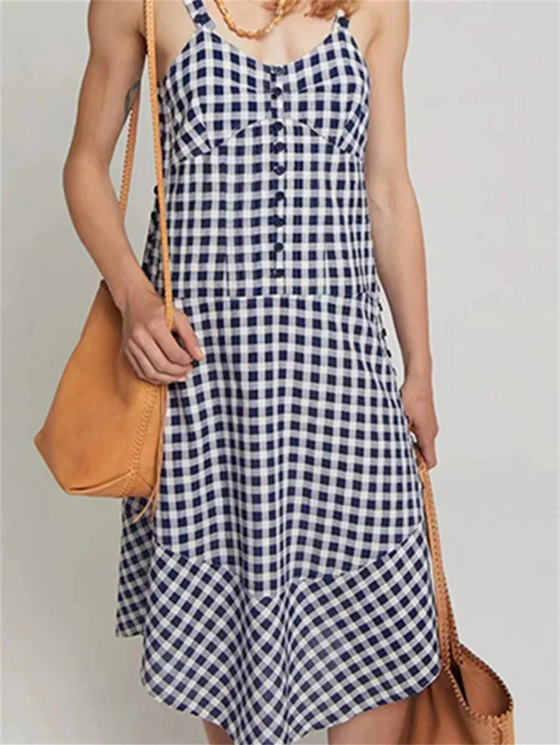 

Plaid Women 100% Cotton Sling Dress Sleeveless Split Hem Single Breasted Fashion Sexy Summer New 2024 Ladies A-Line Mini Dress