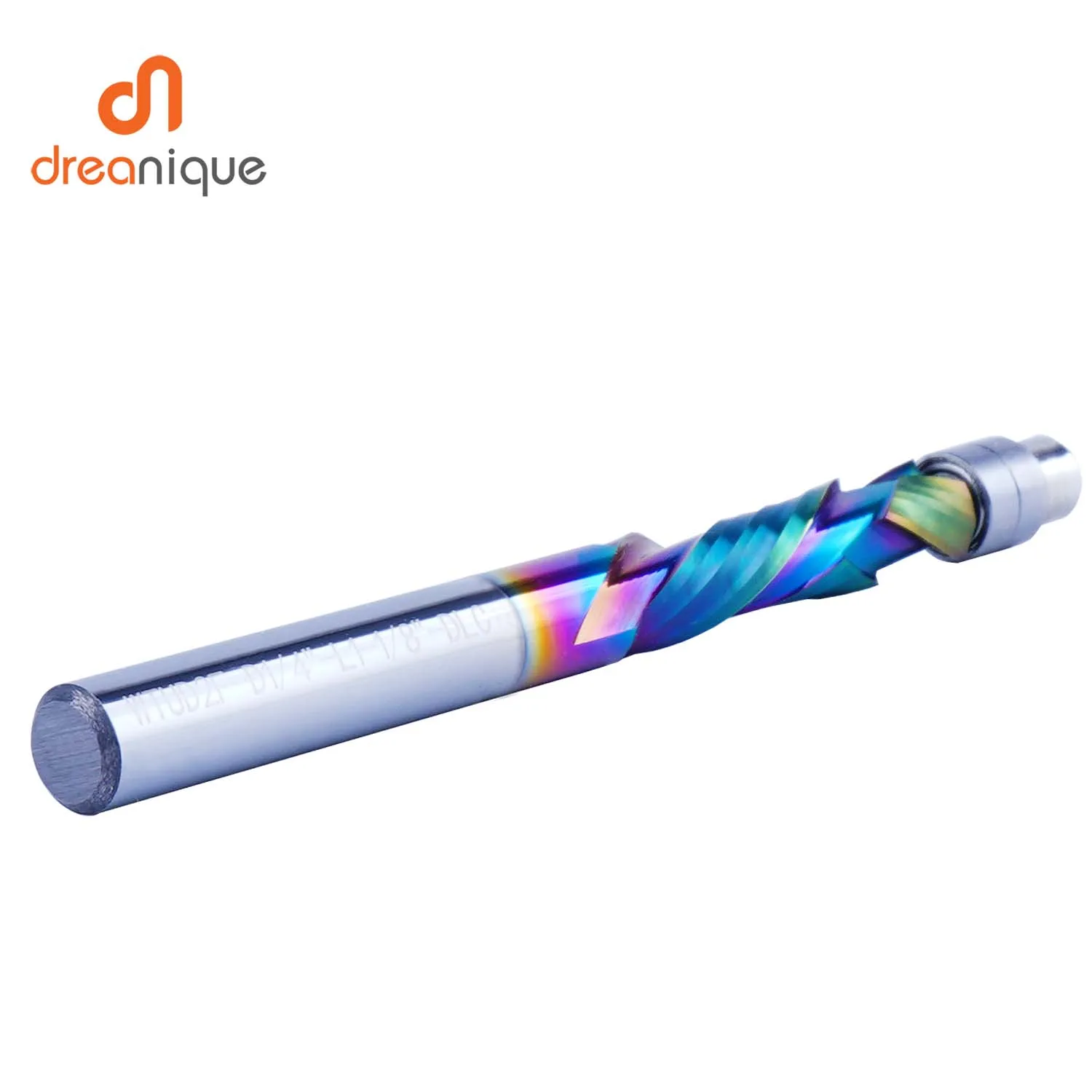 Dreanique-Carboneto sólido rolamento fresas, DLC Revestimento, End Mill, 2 flautas, Espiral Flush Trim, 8 milímetros Shank, Carpintaria, 1Pc