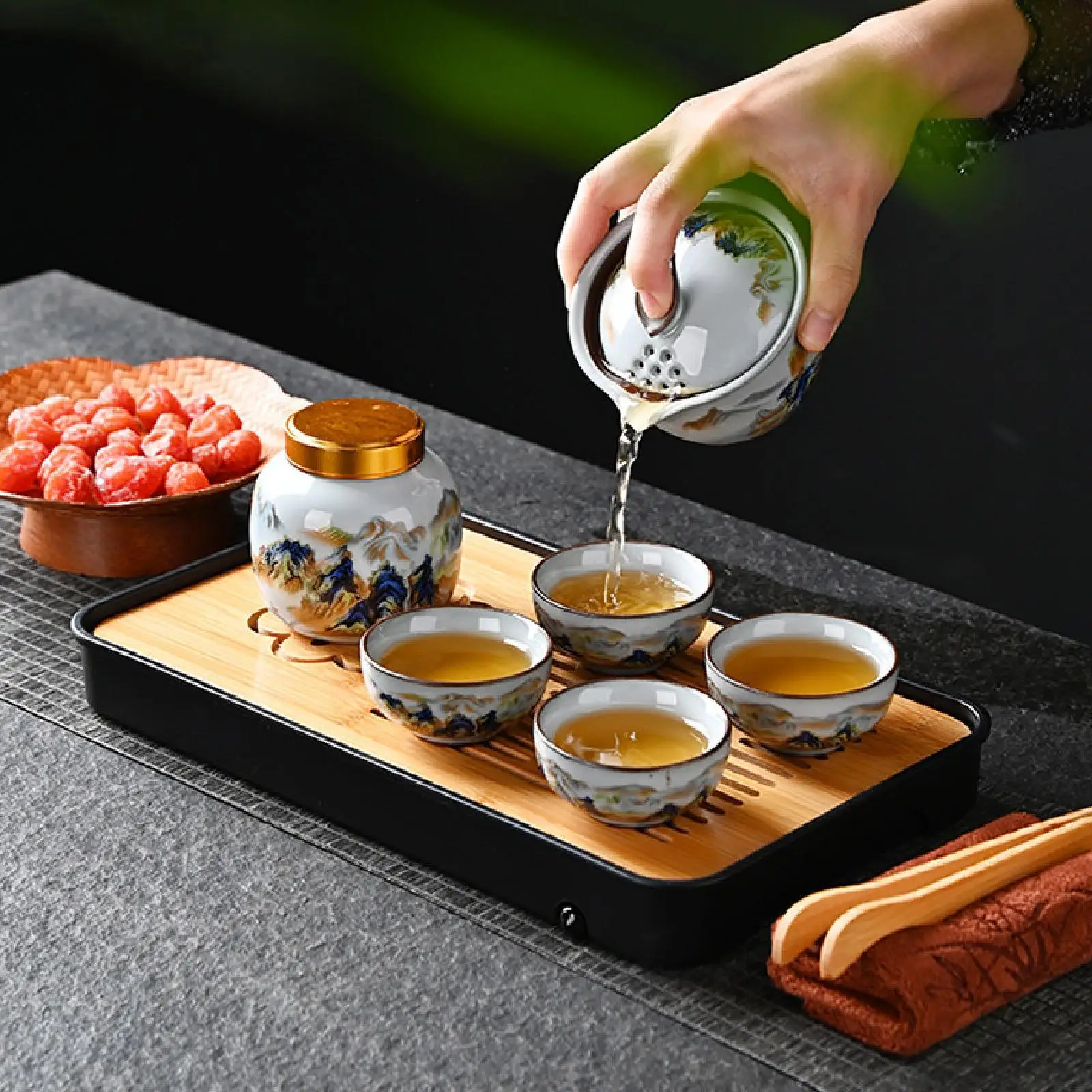 

Portable Travel Tea Set Teapot Set Supplies with Canister Chinese Tea Pot with Cups for Kitchen Home Restaurant Outdoor Party