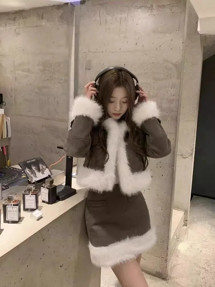 Korean Sle ort Skirt And Thiened Cotton Jaet Set Women's Faion Winter Outfit Two-Piece Ensemble Luxury Fluffy Trim