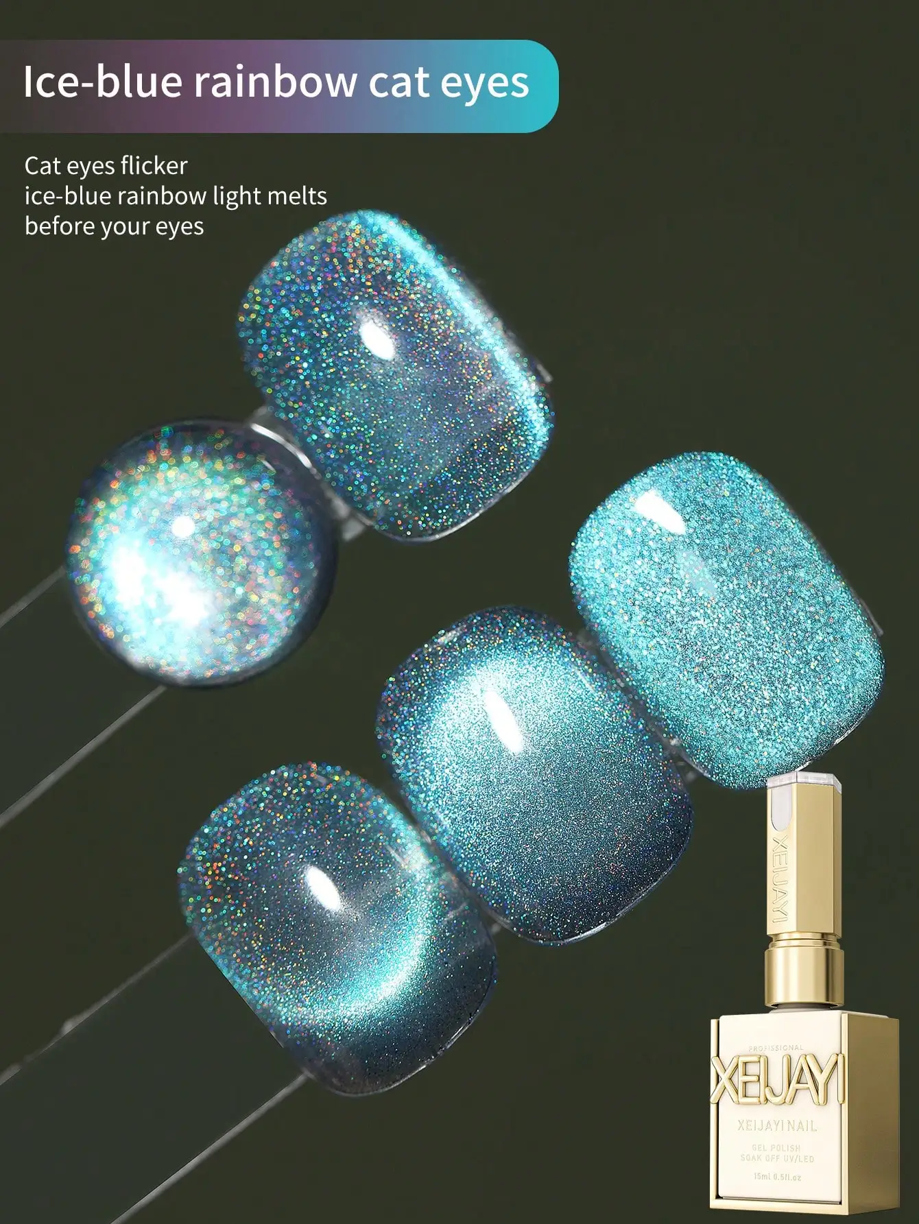 XEIJAYI 1 szt. Lakier do paznokci żelowy efekt kociego oka, brokatowy lakier z cekinami, usuwalny lakier UV, do zdobienia paznokci, odpowiedni do projektowania zdobień.