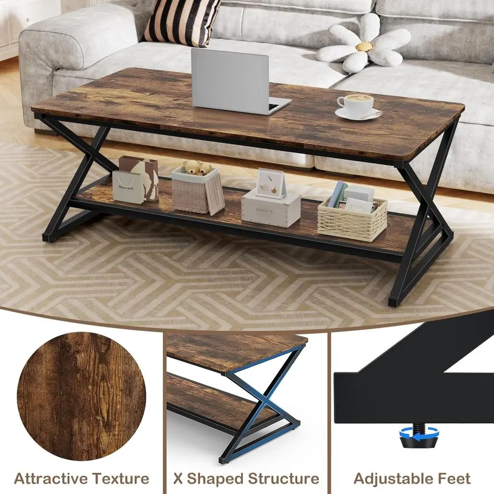 Rechteckiger Couchtisch im Bauernhausstil, 47 braunes Holz mit Metall, 2-stufiger Stauraum, fasst 350 Pfund, einfache Montage