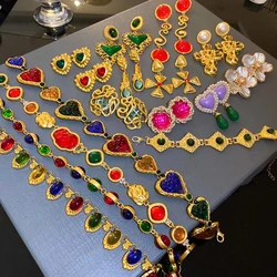 Vintage Classic Baroque Women Fashion Crystal Gold Color Earrings Necklace Middle Style Lady Ear Rings Chorkers Chains