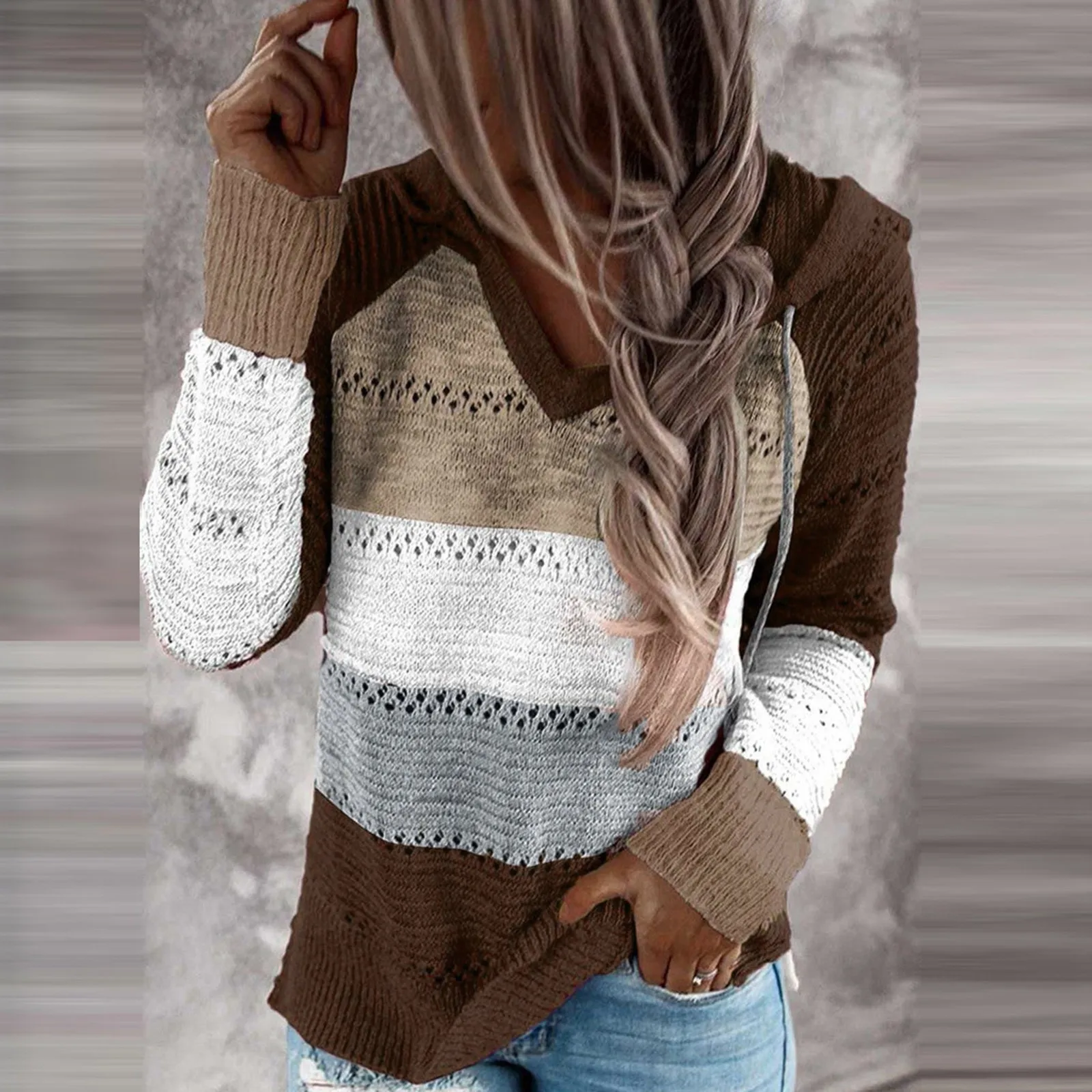 سترة نسائية محبوكة مخططة بقلنسوة طويلة من نسيج الحرير Sve شتاء 206 Faion ملابس تريكو مميزة للسيدات