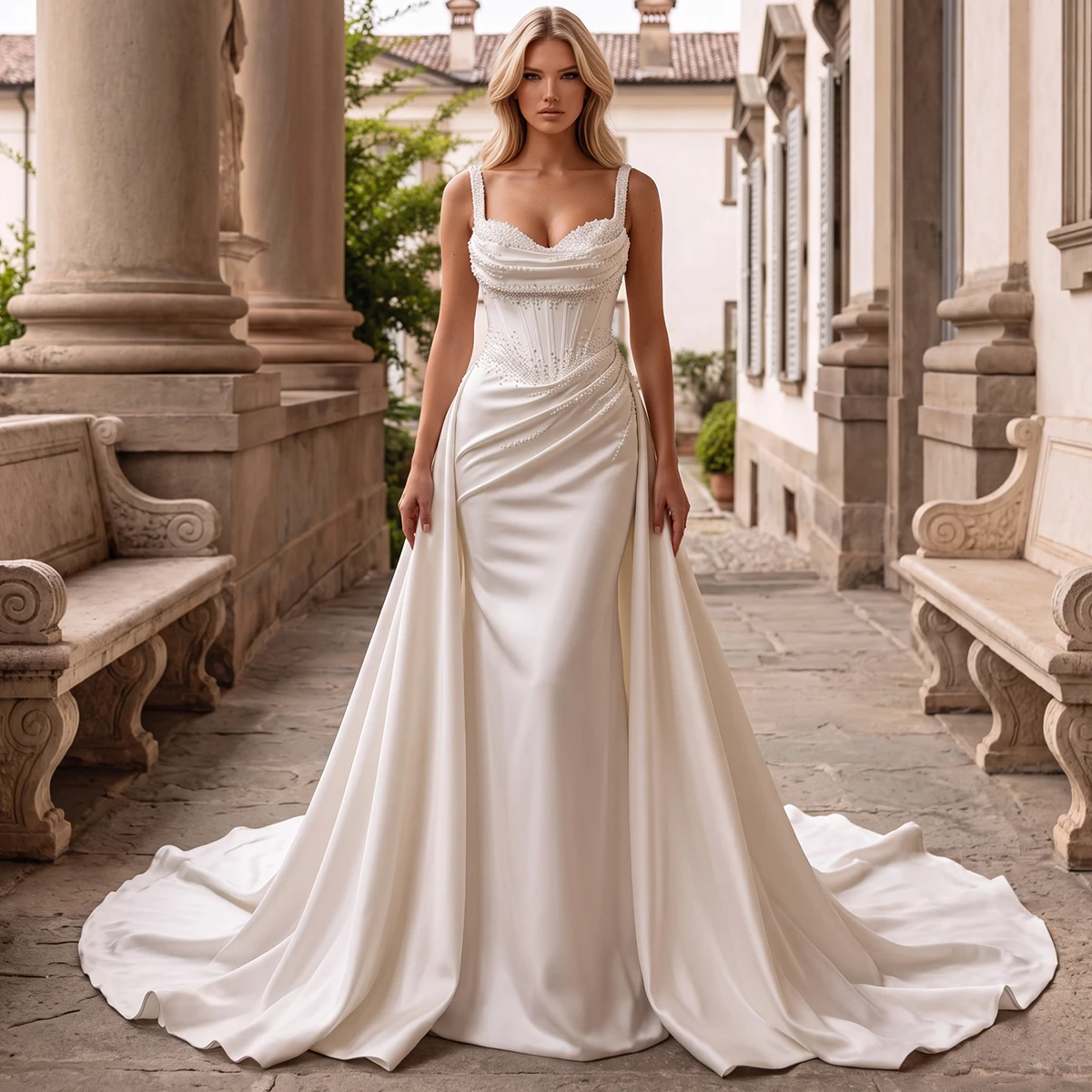 Customized White Thin Strap Satin Wedding Dress Women Beaded Corset Ruched Bodice Detachable Skirt Lace Up Back Bridal GownTrain