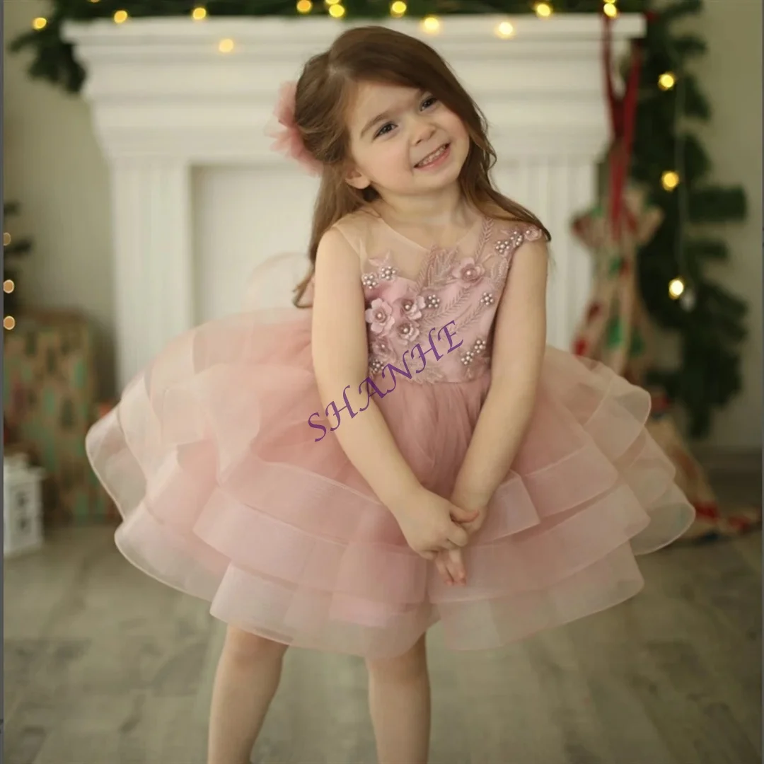 CustomizedLight Pink Flower Girl Dress Tulle Puffy Applique Pearls Knee Length Sleeveless Child's First Eucharistic Birthday Dre