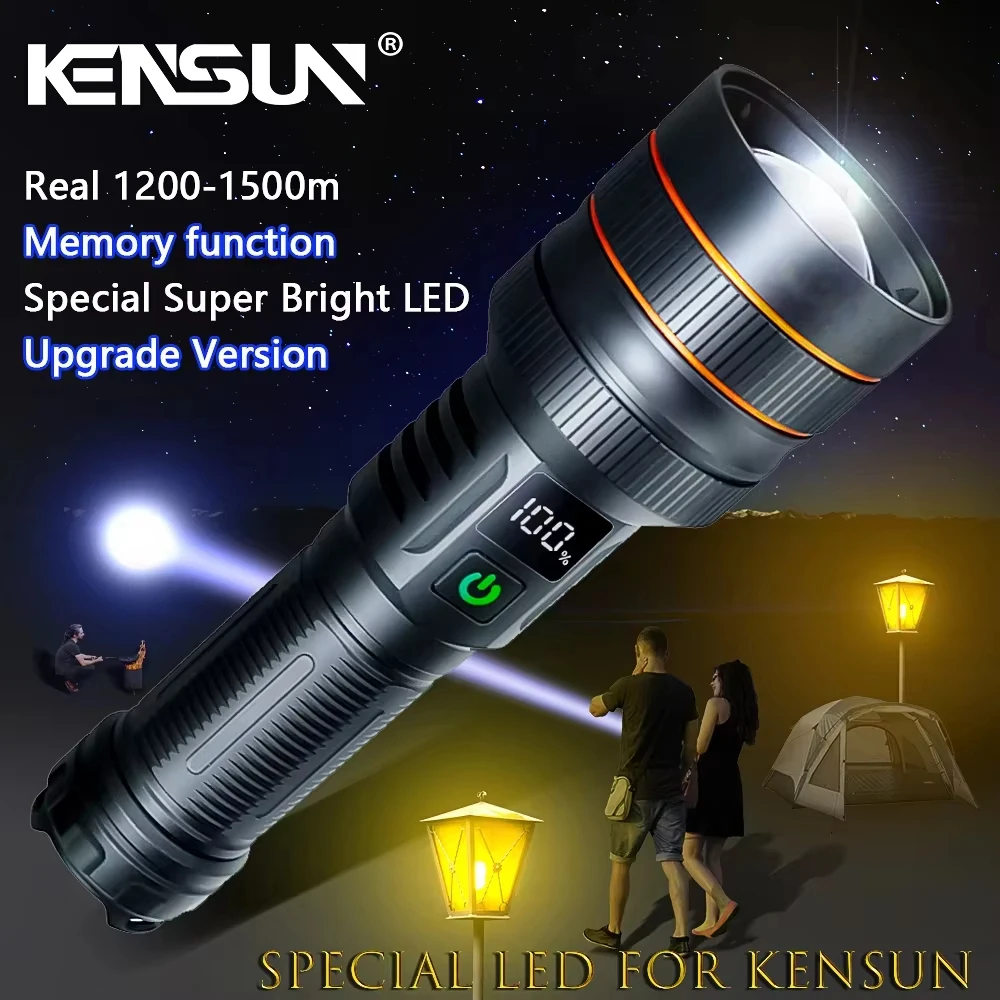 KENSUN Ultra-Leistungsstarker Scheinwerfer mit großer Reichweite, LED-Taschenlampe mit Leistungsanzeige, taktische Camping- und Abenteuerlampe für Camping.