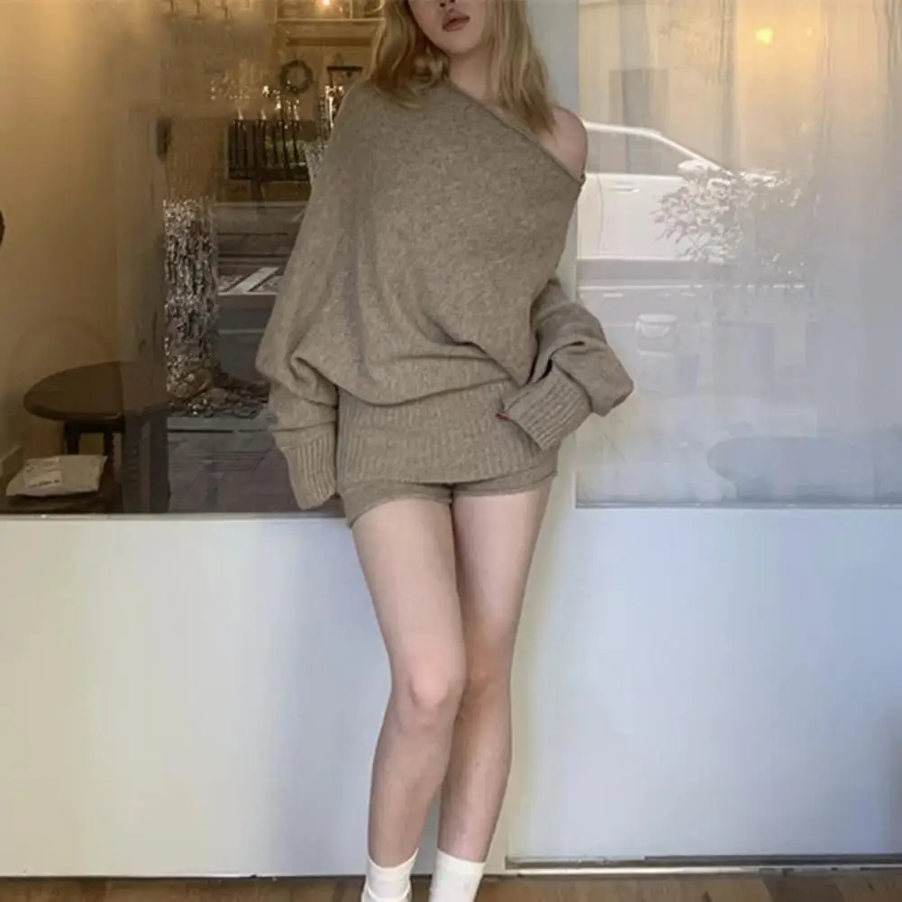 2 Pcs/Set Women Outfit Knitted Sweater Top Shorts Suit One Shoulder Bat Sleeve Loose Solid Color Short Pants Set Winter Outfit