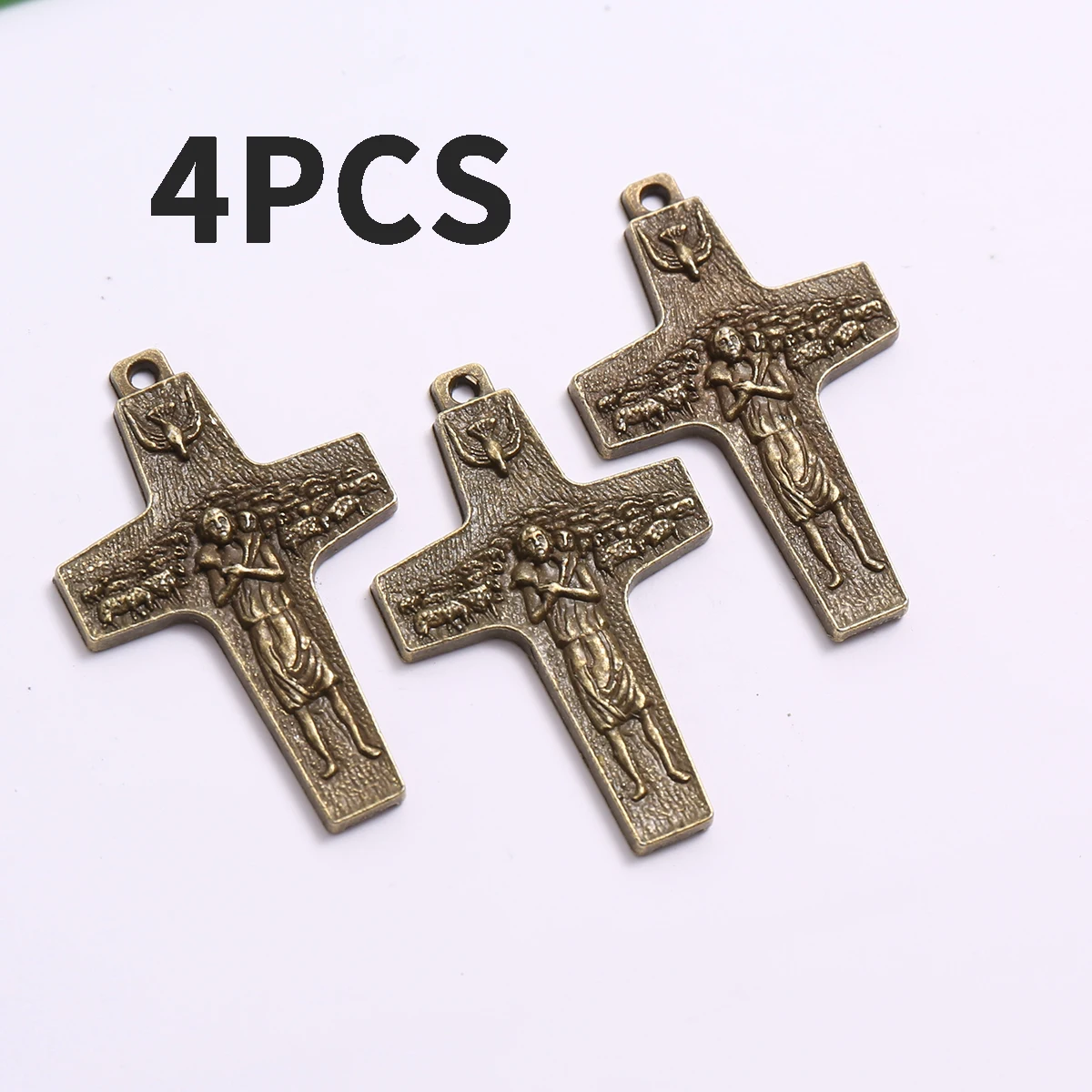 Juego de 4 colgantes de cruz de pastor en dos colores, con una cruz texturizada con diseño de pastor, cordero y pájaro, adecuados para pulseras, collares y pendientes DIY, accesorios de decoración con cuentas hechos a mano