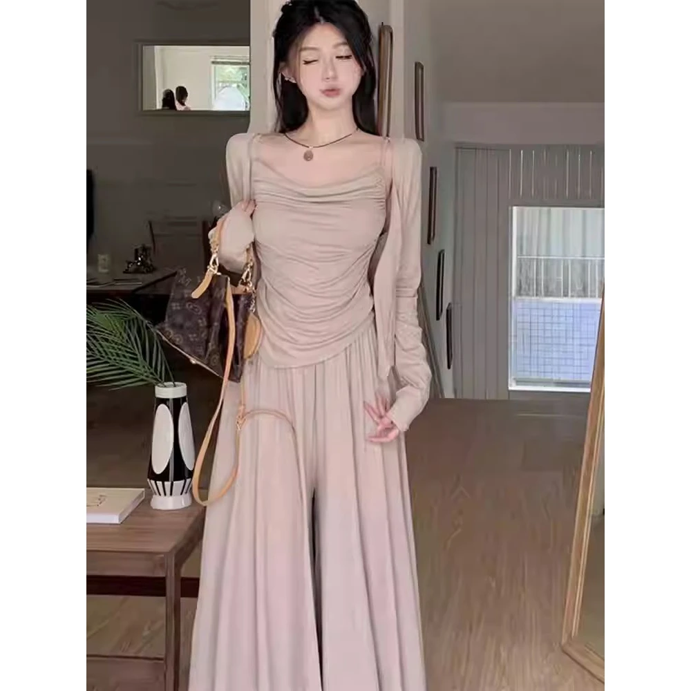 Casual Knitted Three-Piece Set Women's Loose Fit Spring Autumn Open Cardigan Wide Leg Pants Fashionable Comfortable Ensemble