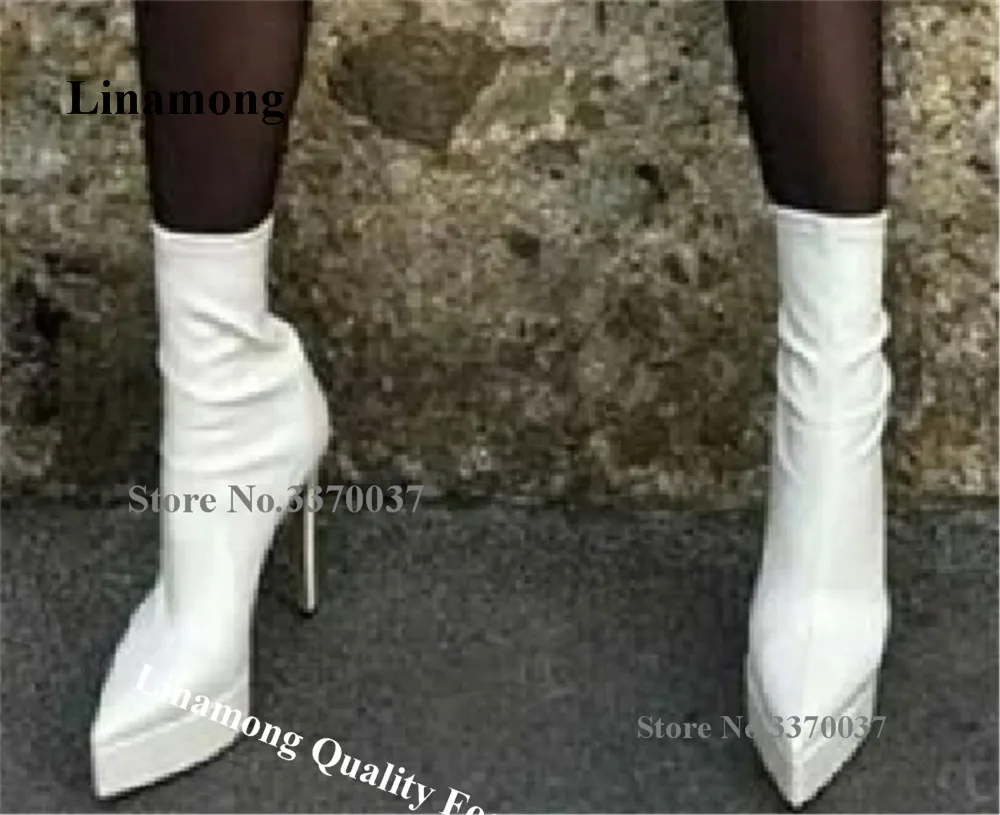 

Linamong Newest Pointed Toe Platform Stiletto Heel Short Boots Slim Style White Red Black Matte Leather Thin Heel Ankle Booties