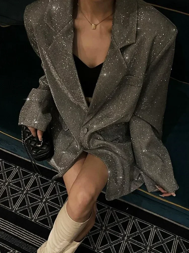 Sequin Glitter Lapel Suit Outwear For Women Luxury Long Sleeve Fashion Overcoat Pocket Elegant Sparkle Coat Women's Suit Outwear