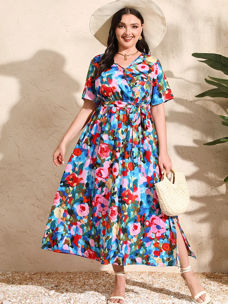 Gibsie plus size boho impressão férias maxi vestido feminino 2024 verão com decote em v manga curta praia dividir vestidos de linha a com cinto