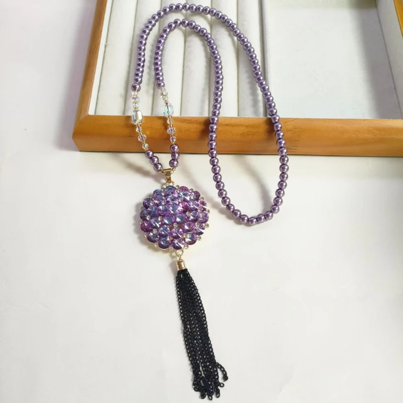 Moda rosa roxo flor camisola corrente liga pingentes feminino high end versátil longo colar de pérolas jóias