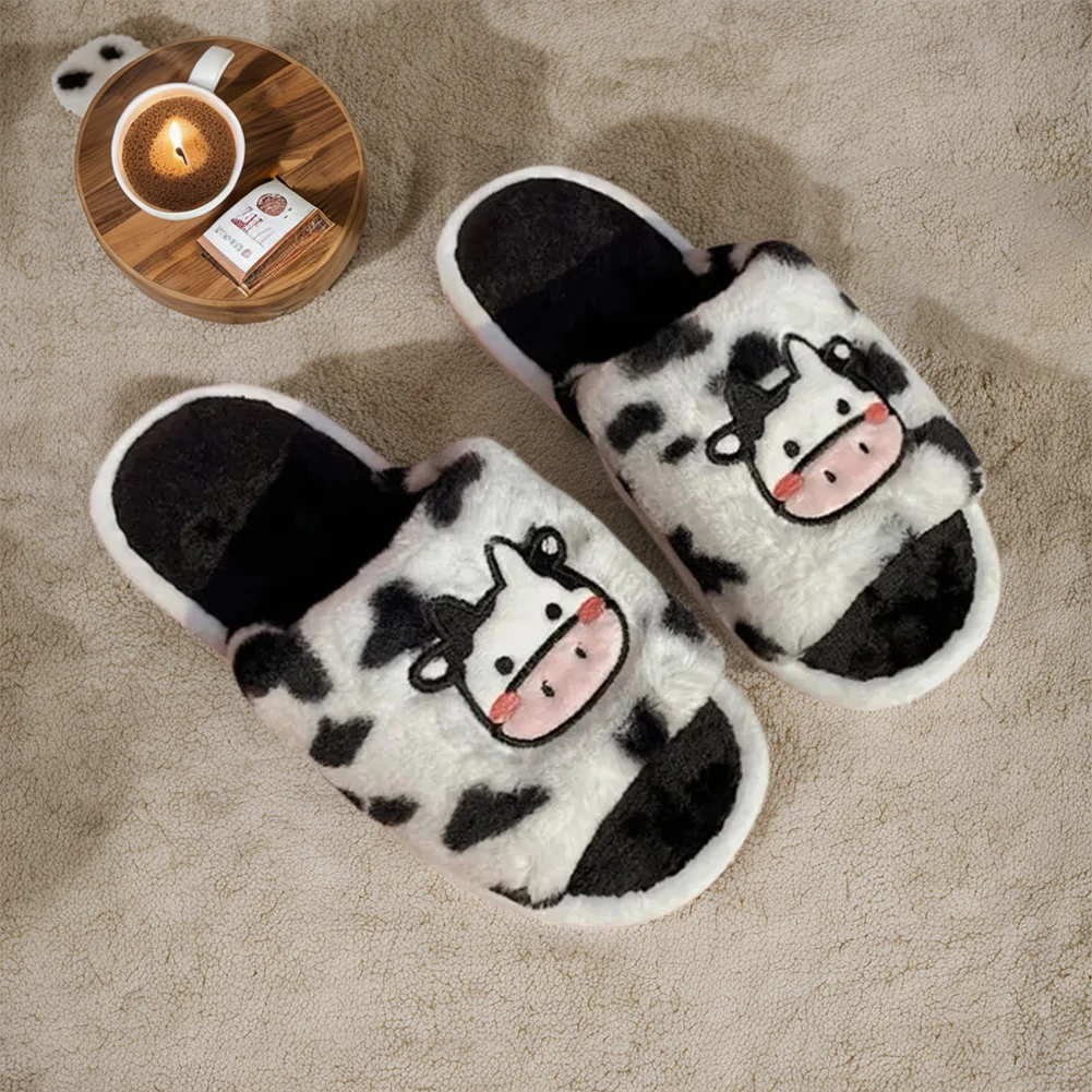 Plush Milk Cow Slippers Comfortable Fuzzy Indoor Slippers Cute Open Toe Slippers Anti Slip Soft Furry Slipper for Autumn Winter