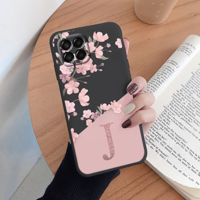 Initial Letter A Z Case For Samsung Galaxy M33 M53 M13 M14 5G Cover Pink Flowers Soft Silicone Back Fundas Shell  Coque Bumper