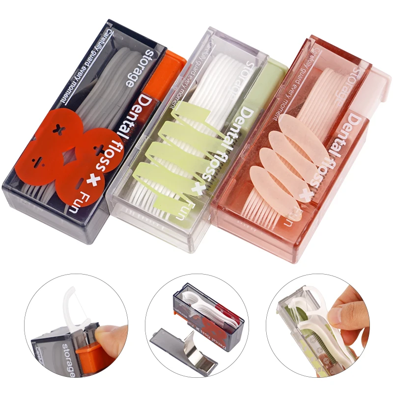 10pcs/box Portable Dental Floss Stick Storage Box Automatic Press-on Disposable Floss Dispenser Oral Hygiene Cleaning Tools