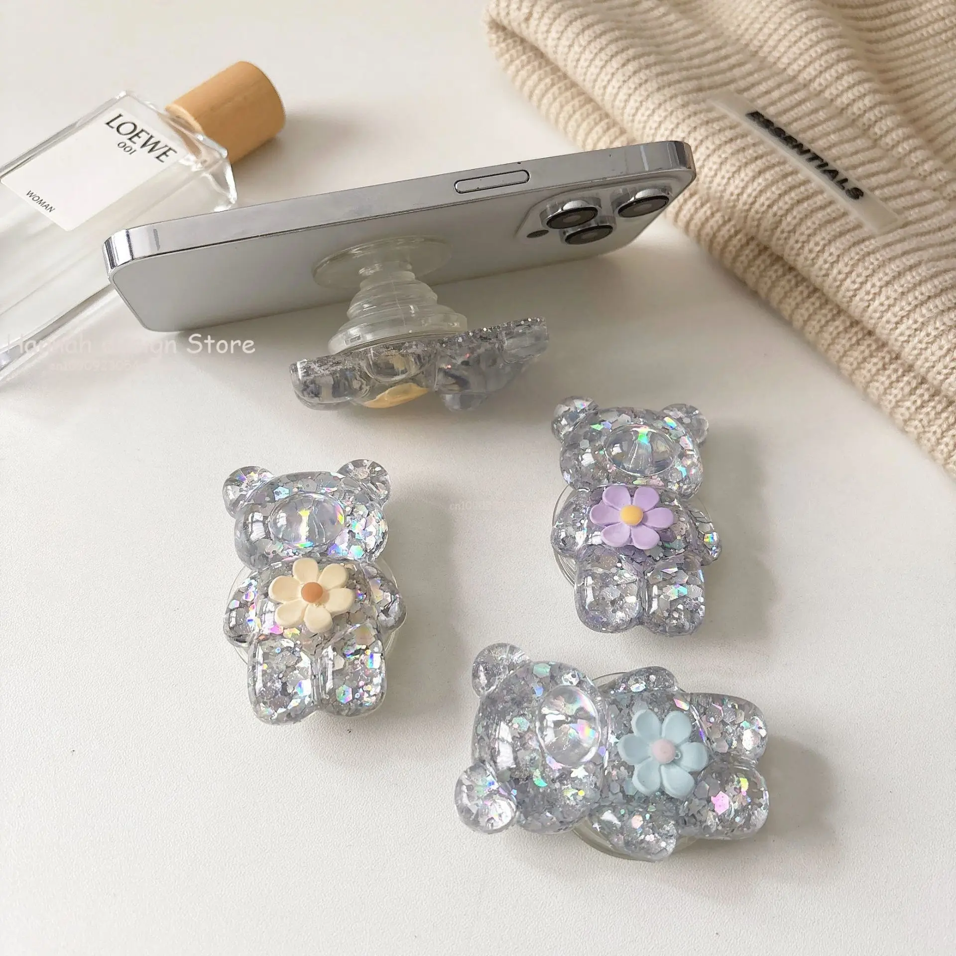 

Korean Personality Foldable Finger Ring Elastic Socket Holder For IPhone Cute 3D Quicksand Flower Bear Grip Tok Phone Holder