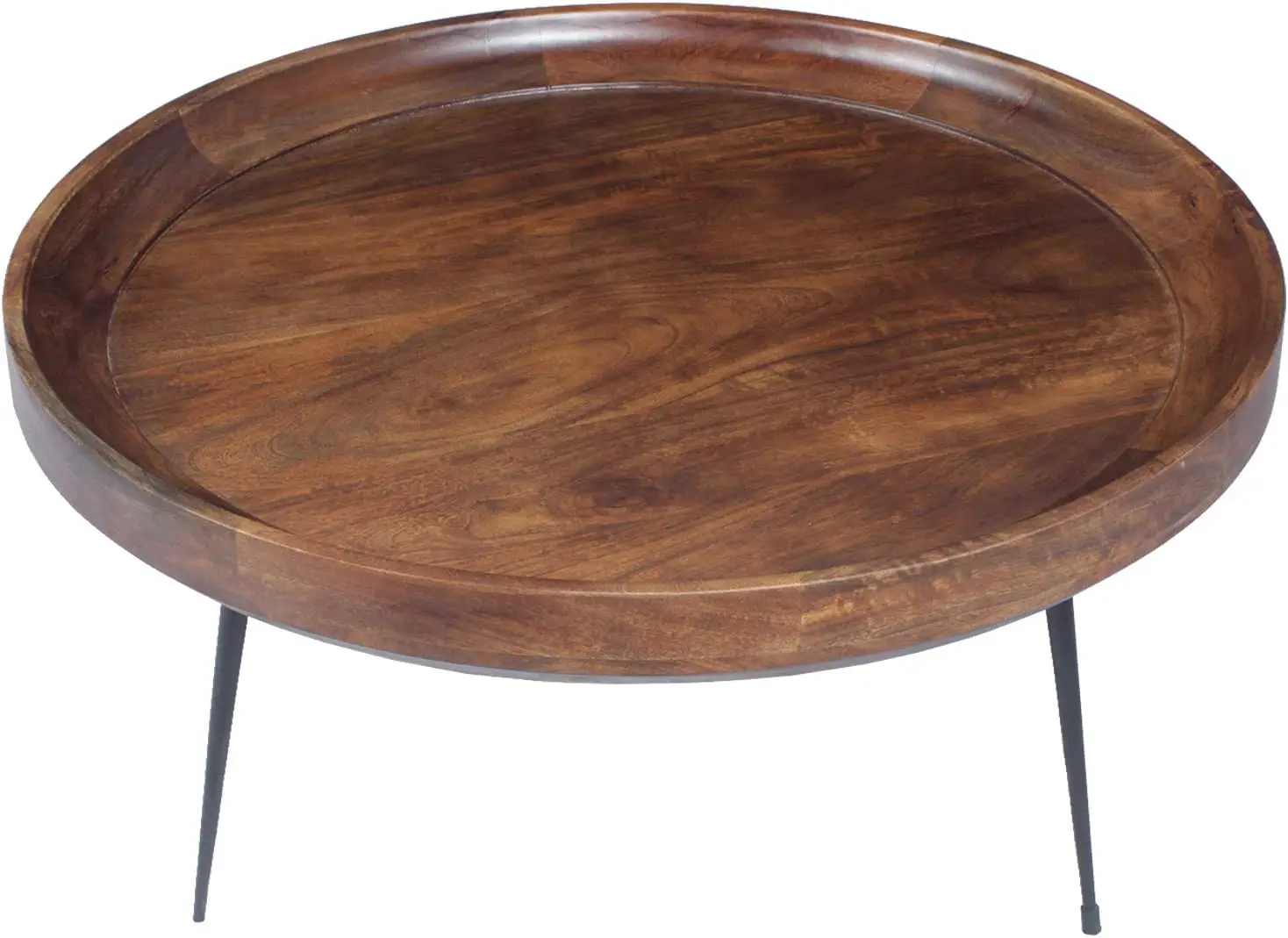 

Round Mango Wood Coffee Table with Splayed Metal Legs, Brown and Black