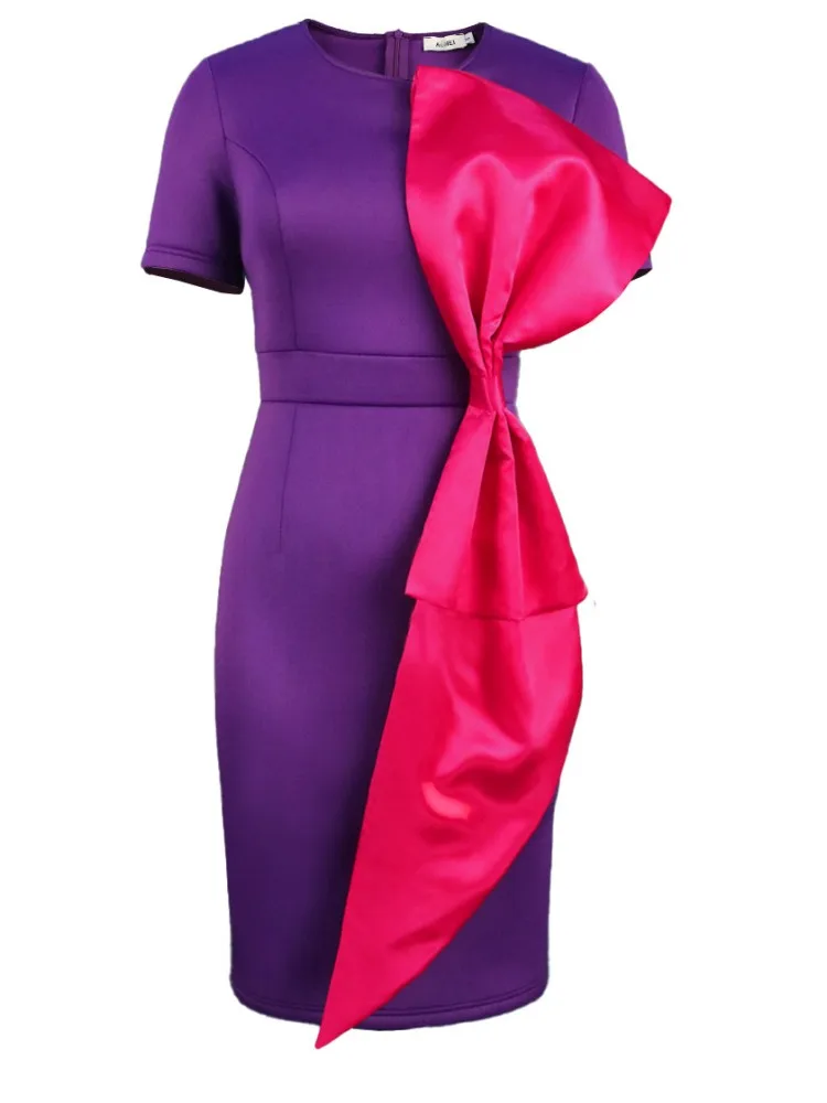 

Contrast Wrap Hip Big Bow Design Chic Women Dress Spring Summer New Elegant Purple Short Sleeve Evening Dress Party Outfits Robe