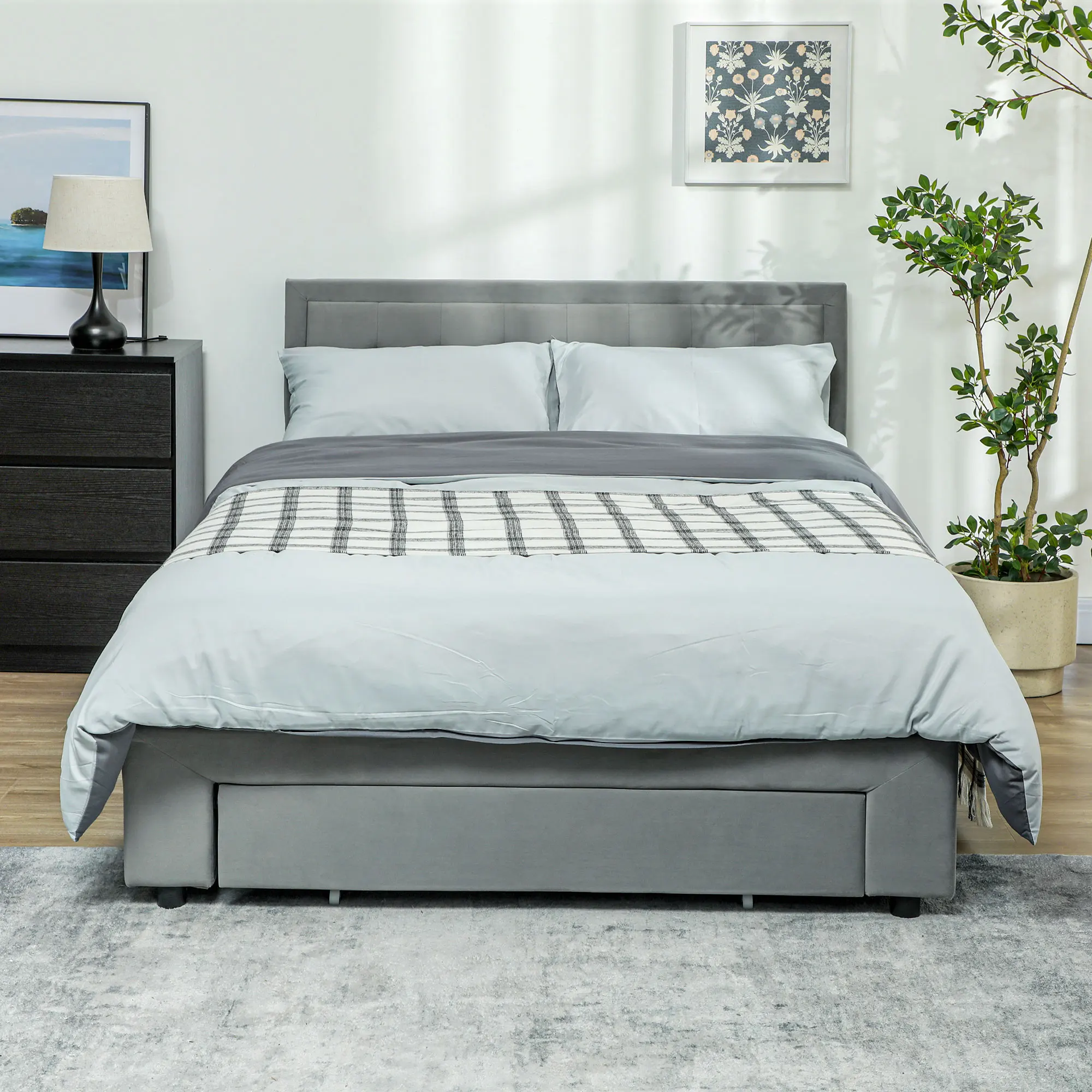 HOMCOM Estructura de cama doble con almacenaje y cabecero de terciopelo ajustable