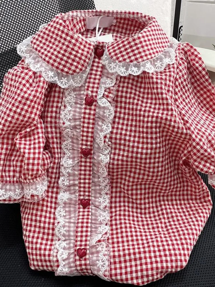 

Jmprs Kawaii Sweet Plaid Shirt Women Casual Loose Lace Patchwork Cute Blouse Japan Preppy Style Short Sleeve Lady Vintage Tops