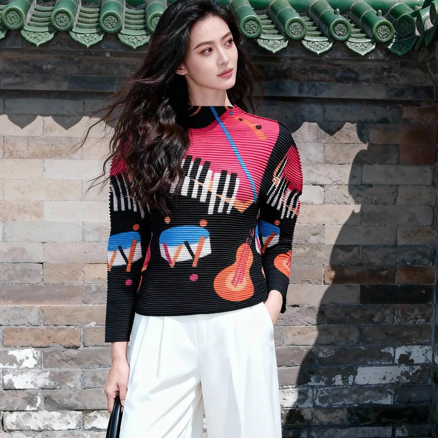 

Miyake Pleated 2026 Spring New Printed Half-high Neck Bottoming Shirt Pleated Thin Temperament Commuting Casual T-shirt Pleated