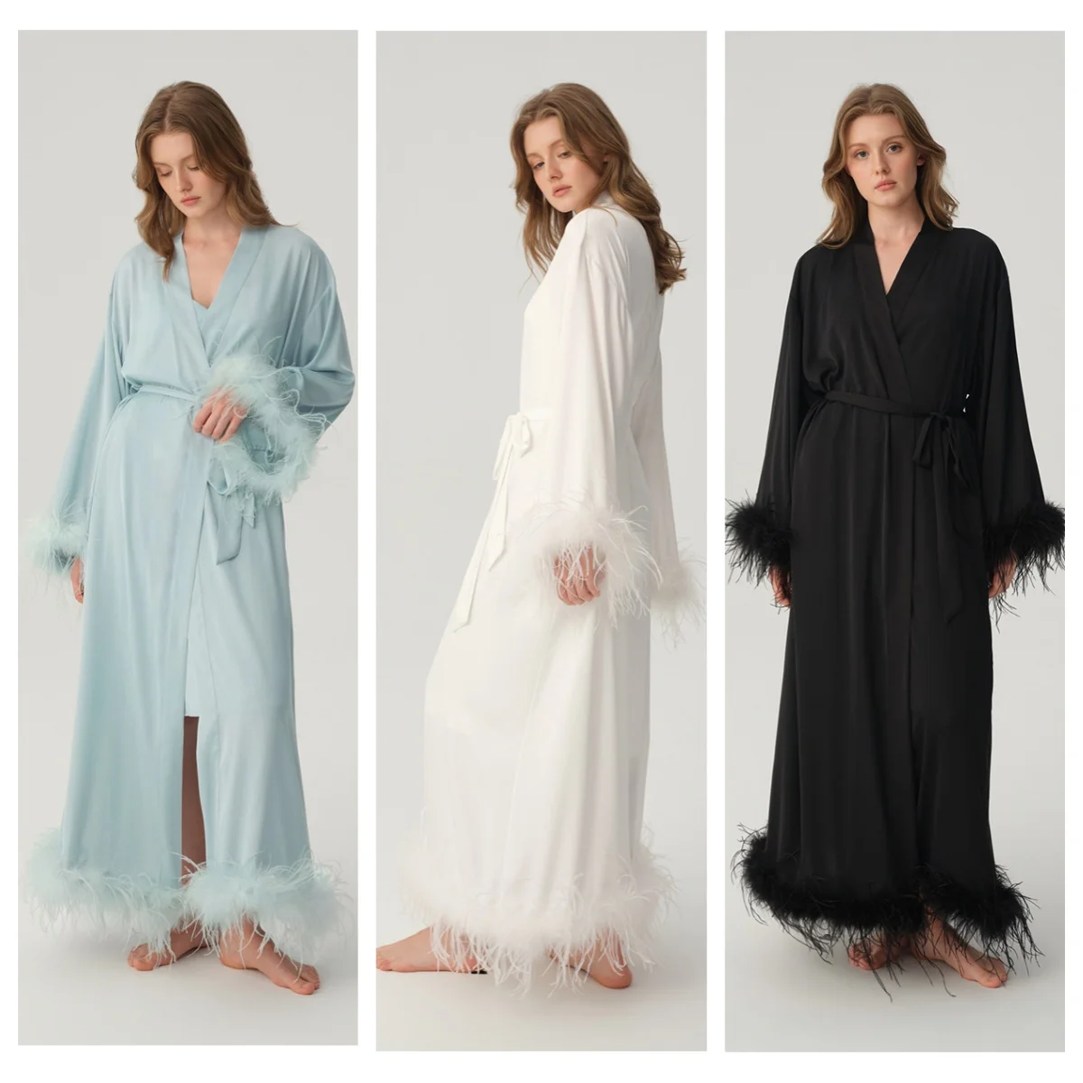 New Women Silky Satin Bridal Morning Gown Feather Decor Long Sleeve Belted Wrap Robe Elegant Soft Indoor Home Bathrobe