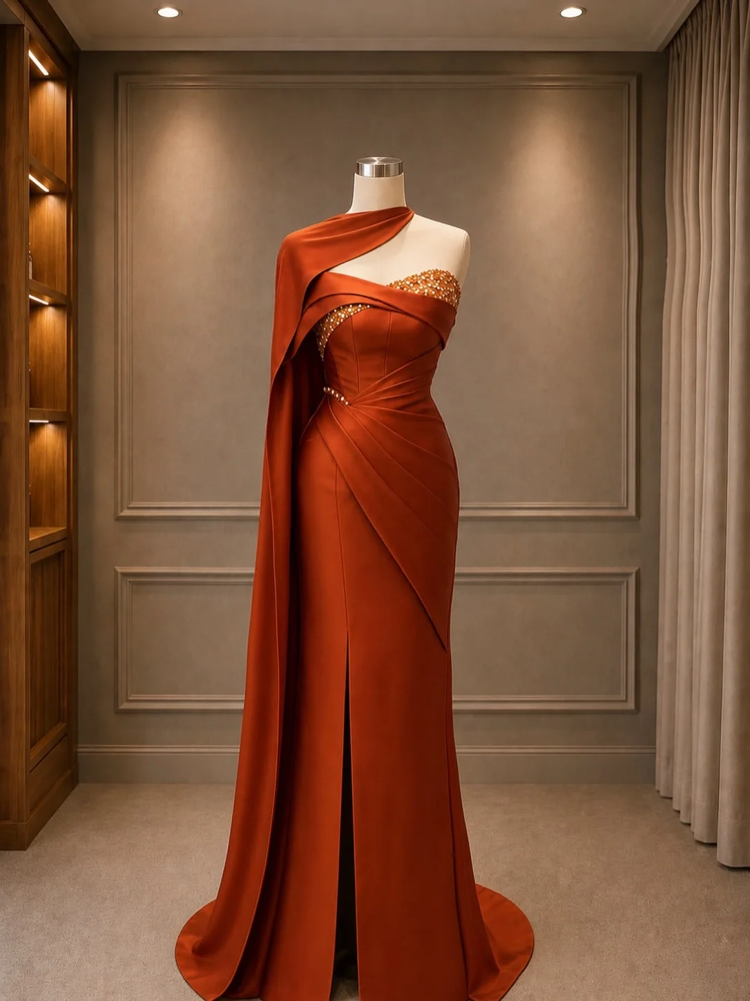 Caramel Red Glossy Satin One Shoulder Evening Gown Long Side Cape Drape Trail Bust Golden Rhinestone Beaded Asymmetrical Waist C