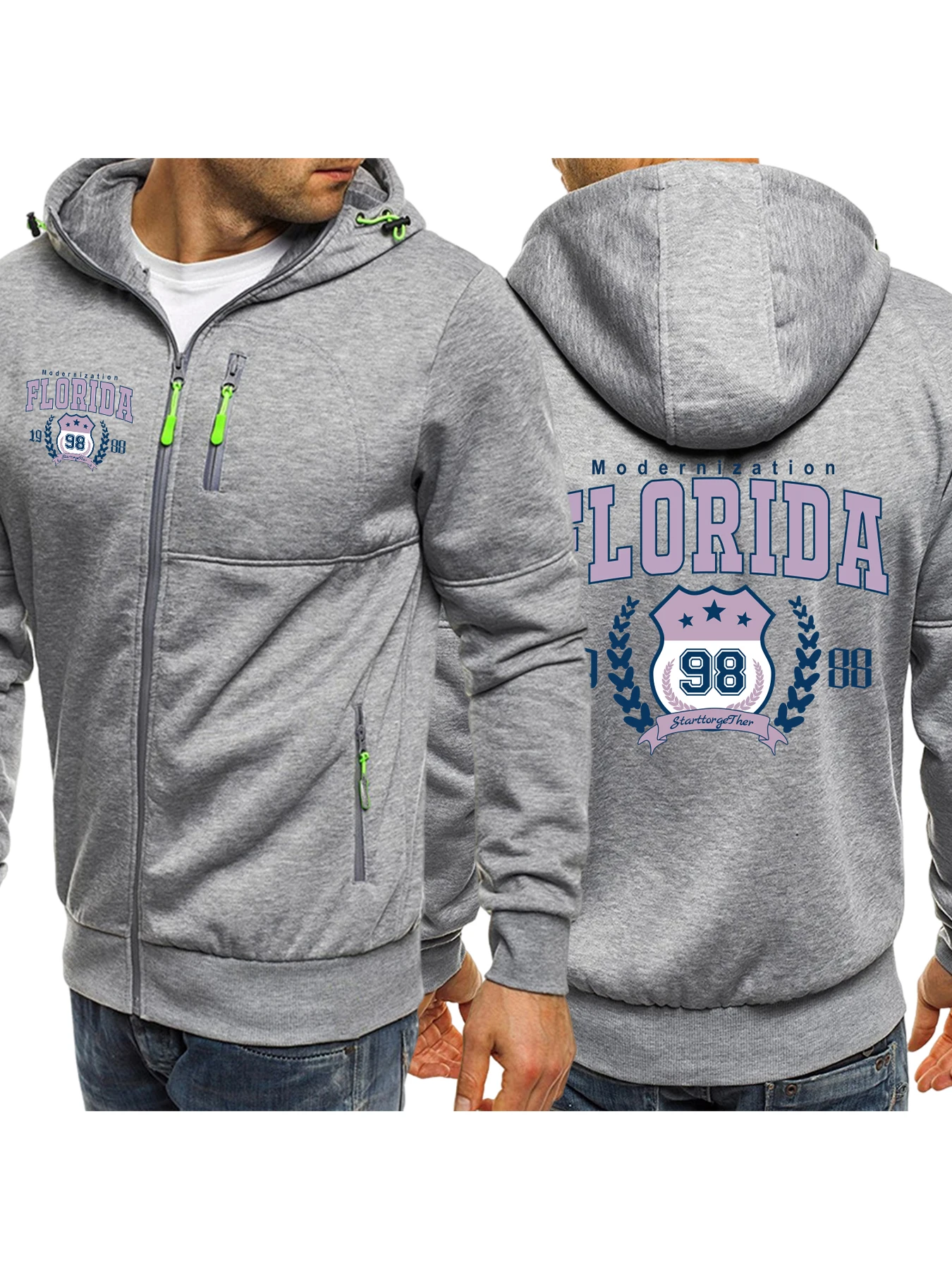 Florida Modernization Pattern Zipper Hooded Men Fleece Oversized Streetwear Y2K Hoodie Fashion Casual Tops Man Autumn Coat
