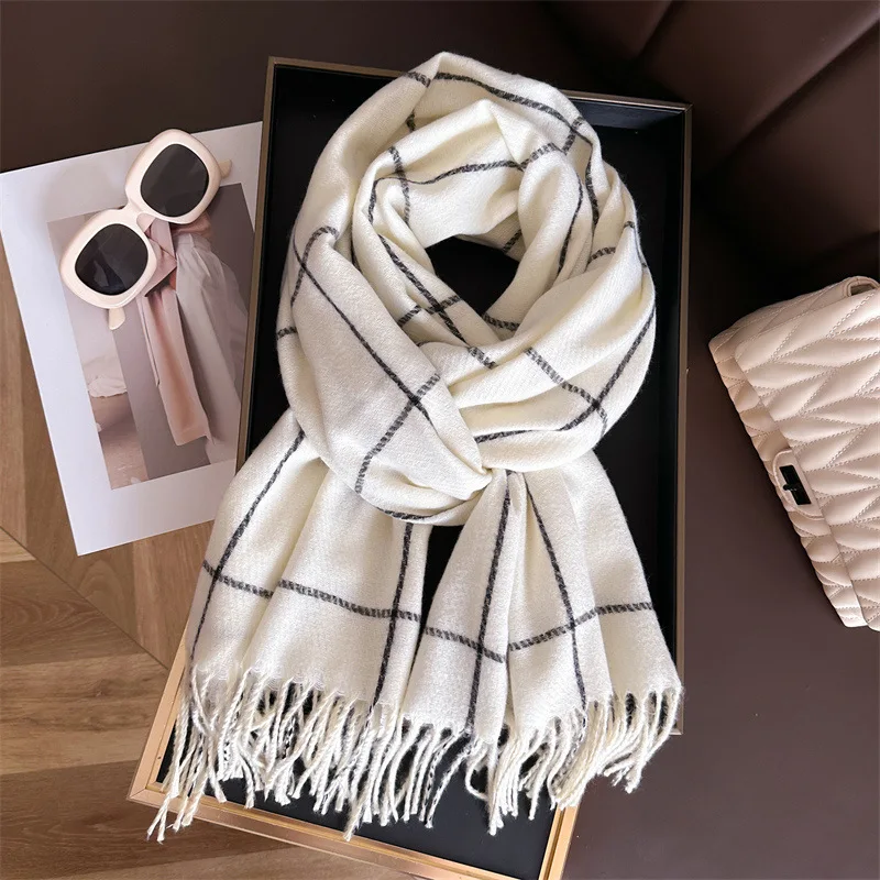 Unisex Korean Style Plaid Tassel Scarf Imitation Cashmere Warm Shawl Versatile Neck Wrap For Autumn Winter