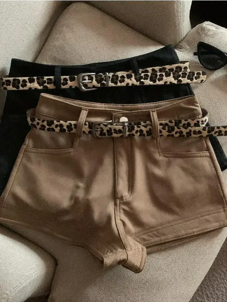 Fashion Women's Solid Color Leopard Print Belt Shorts High Waisted Wide Leg Short Pants Female 2025 New Autumn