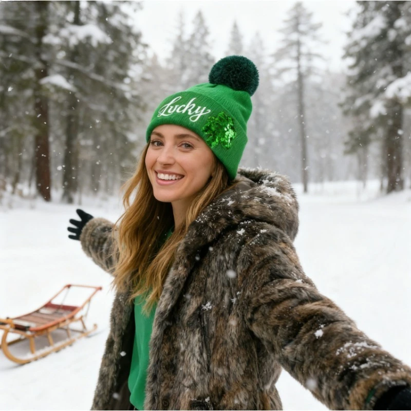 

Saint Patrick's Day Knitted Hat Irish Clover Embroidered Hat Green Theme Party Dress Up Warm Knitted Hat