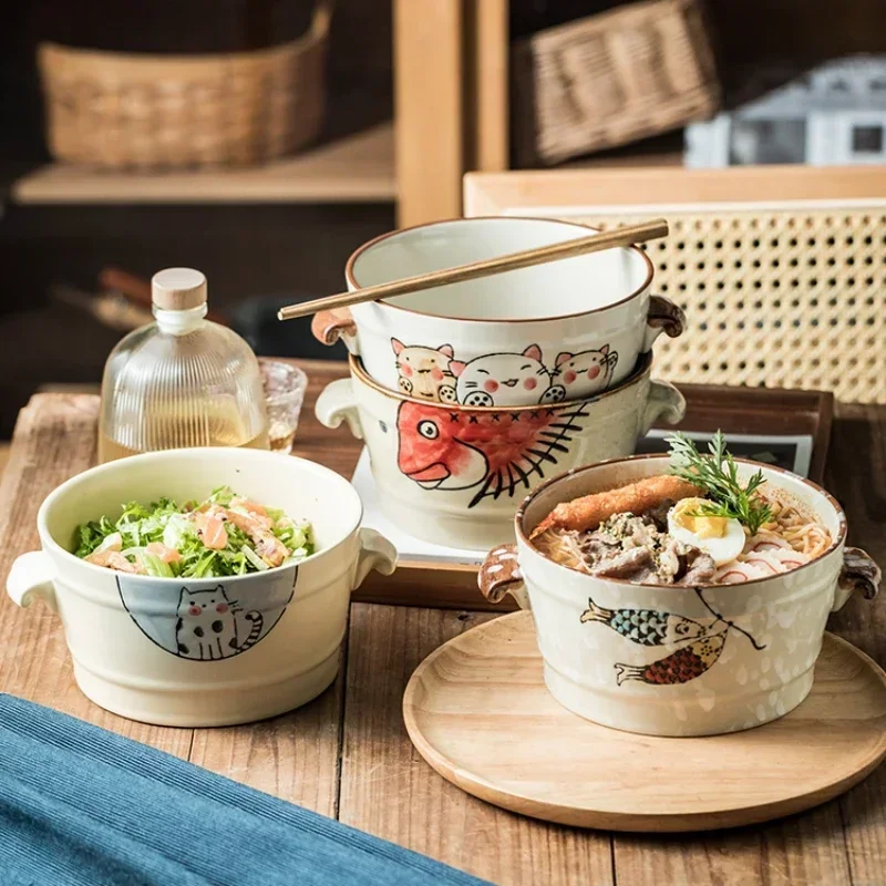 Tableware Japanese hand-painted double ear soup bowl Large capacity ramen bowl Instant noodle bowl Dumpling
