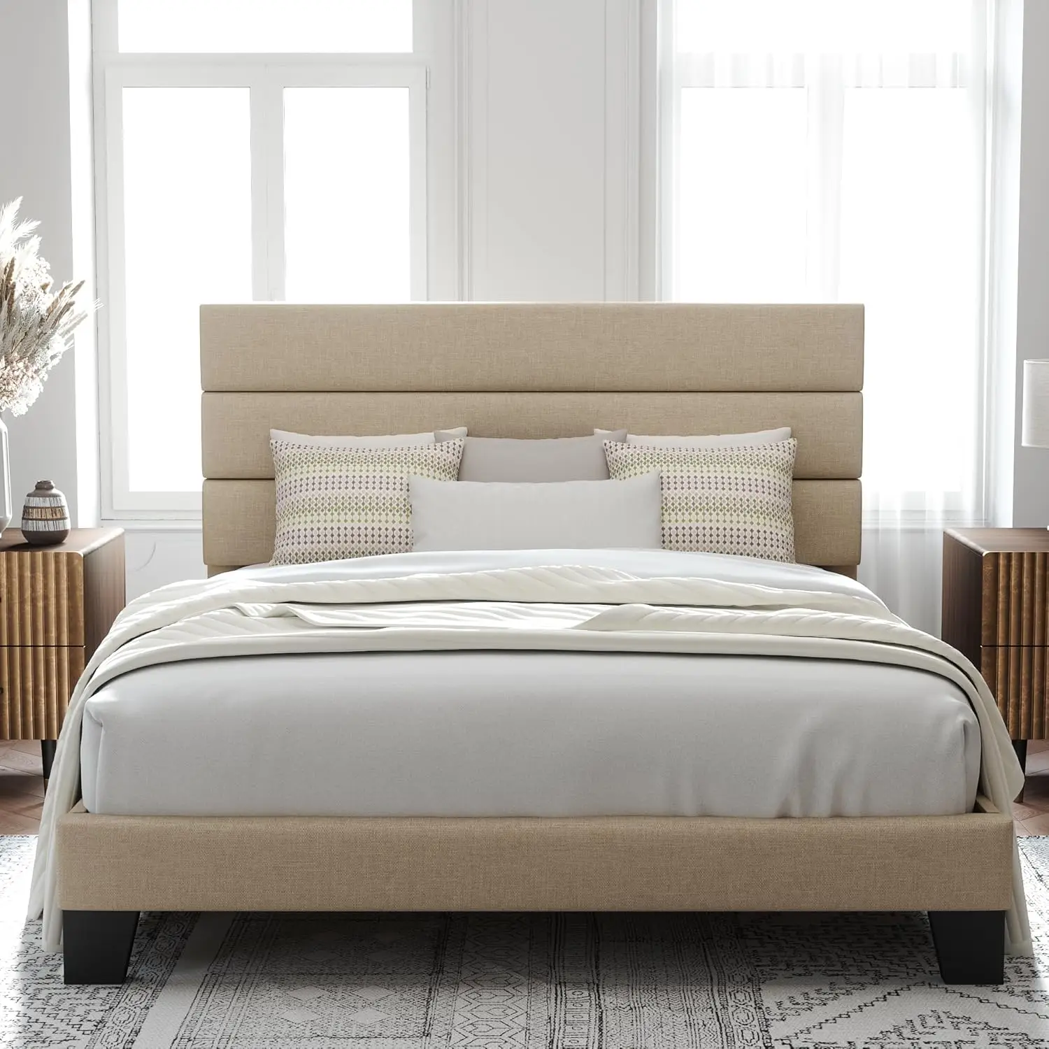 Queen Size Platform Bed Frame with Fabric Upholstered Headboard and Wooden Slats Support, Fully Upholstered Mattress Foundation