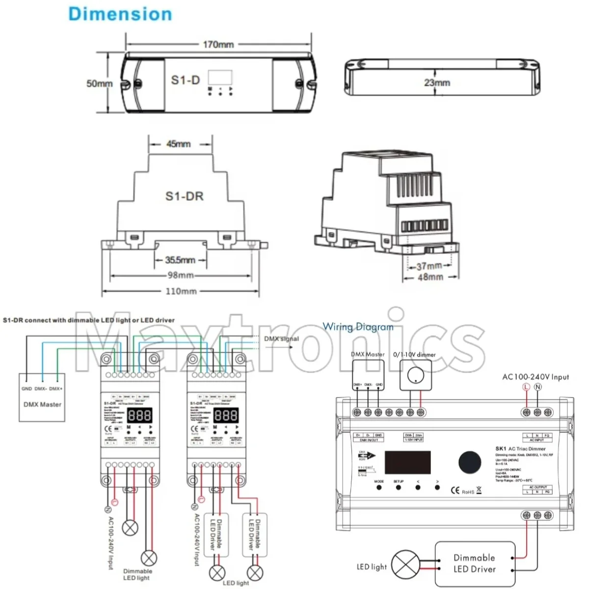 S1-D(2CH*1A) S1-D1(1CH*2A) LED AC Triac DMX Dimmer S1-DR(2CH*1.5A) SK1(1CH*6A Knob 1-10V Decoder) For LED Dimmable Lights Lamp