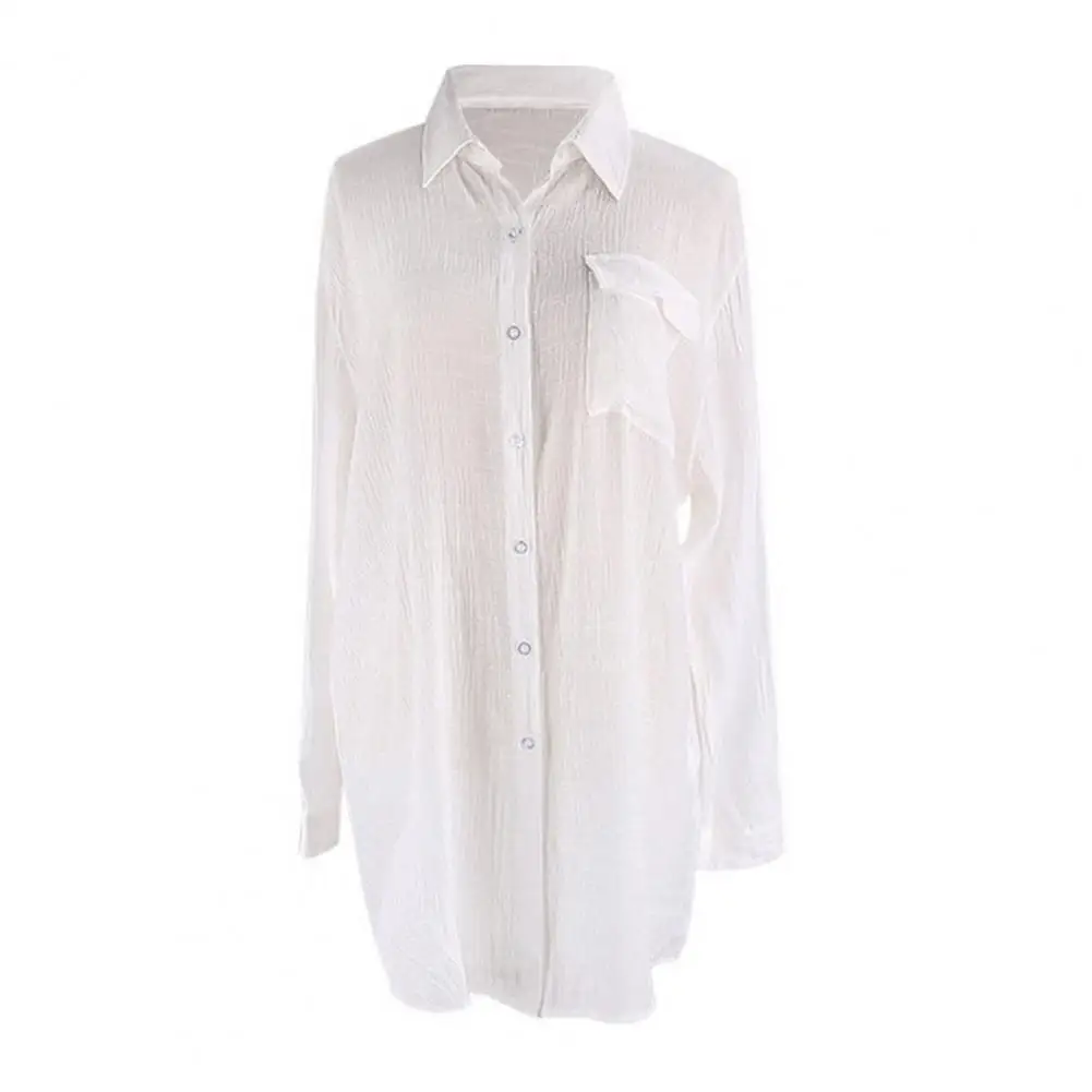 Loose Fit Tops Women’s Lapel Shirt with Buttons Loose Fit Breathable Beach Cover-up Lace-up Front Long Sleeve Sun Protection