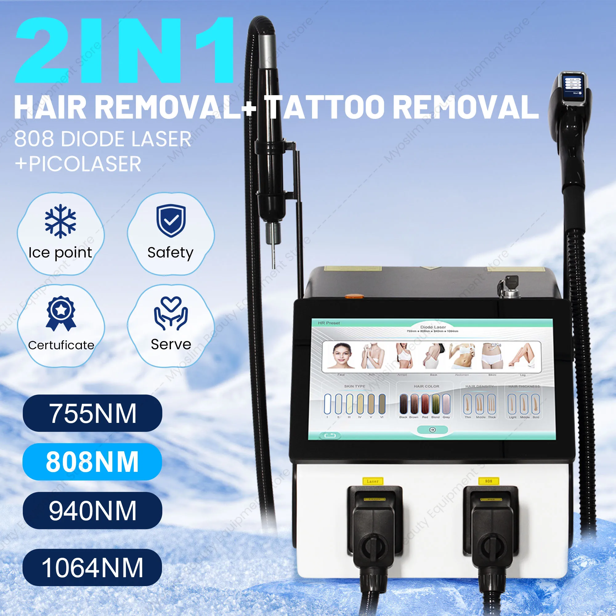 2 In 1 Diode Hair Removal FAC 4 Wavelengths Pico  Tattoo Removal Machine  Fast Axis Collimation 10 Bars Ice Cooling