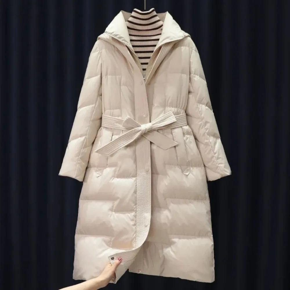 Fashion Casual New Winter Women Thick Warm Coat Luxury Slim Parka Hooded Outerwear White Duck Down Long Jacket with Belt Female