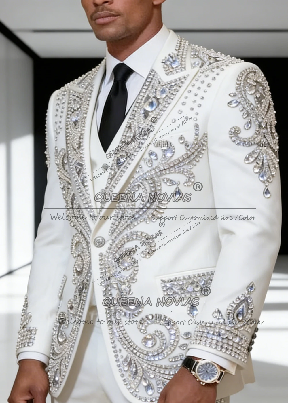 Exclusive Sliver Diamond Beaded Suits Men 2 Piece Sets White Groom Wedding Tuxedos Customized Man Banquet Attire Ropa Hombre