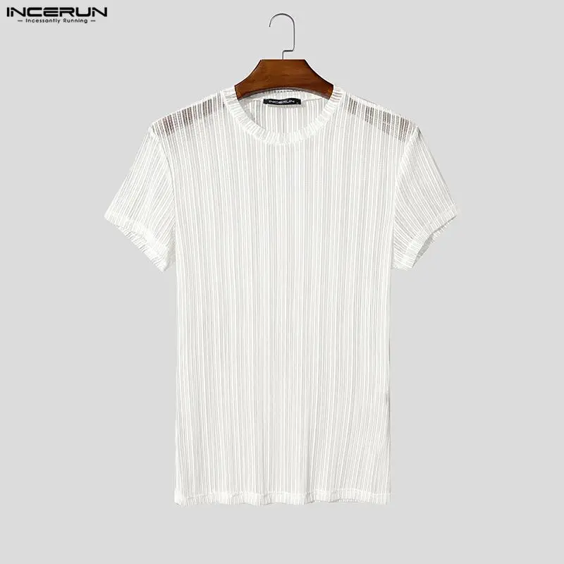 INCERUN Herren T-Shirt Mesh Durchsichtig Sexy Gestreift O-Ausschnitt Kurzarm Männer Tee Tops 2026 Streetwear Mode Party Herrenkleidung
