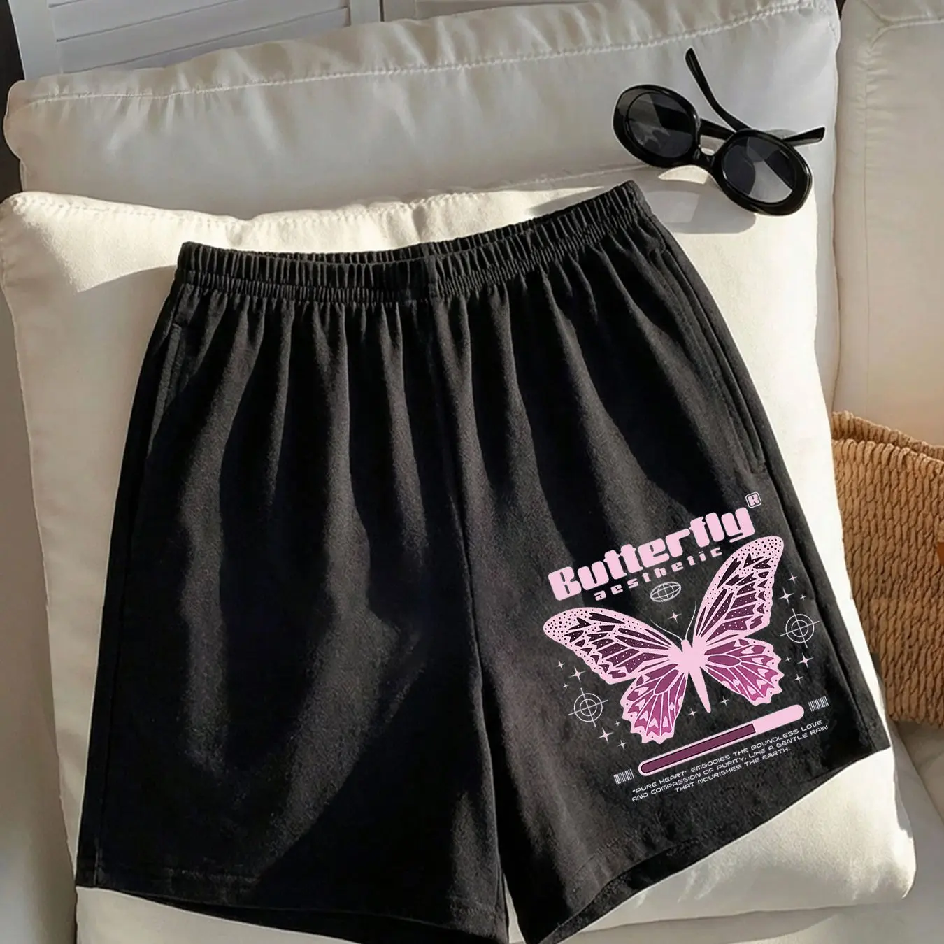 Women's Summer Butterfly Print Shorts Elastic Waistband Sweat-wicking Breathable Suitable for Sports Running and Fitness